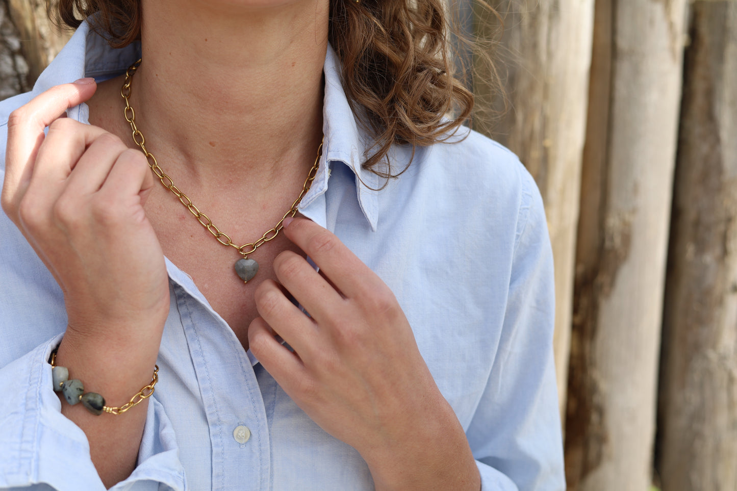 BELOVED KETTING - dames rvs edelsteen ketting - aventurijn - naturel roze jade - labradoriet